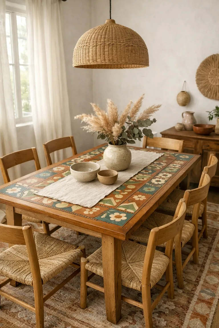 A colorful hand-painted wooden dining table with neutral oak and rattan chairs, a linen runner, ceramic bowls, dried stems, a woven pendant light, and a neutral rug in a bright room with sheer curtains.
