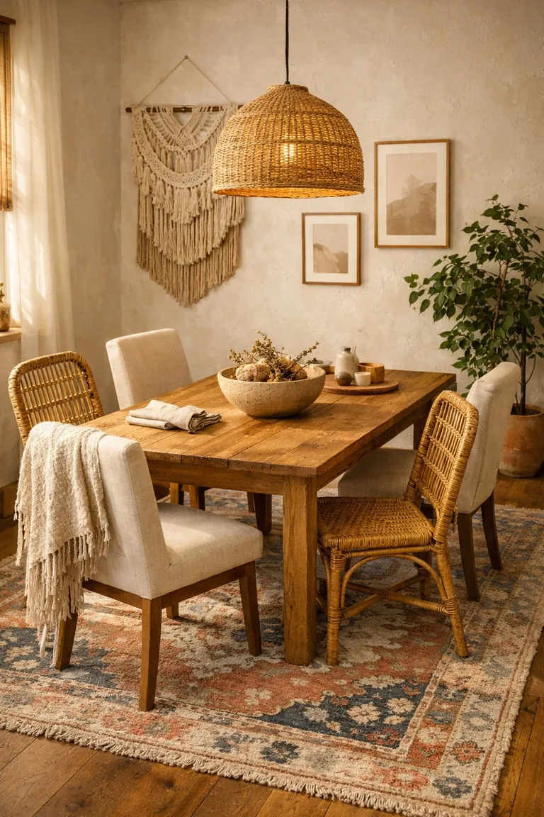 A boho dining space with a handwoven patterned rug under a wood table, mixed rattan and upholstered chairs, a woven pendant light, wall decor, and a potted plant in warm natural light.