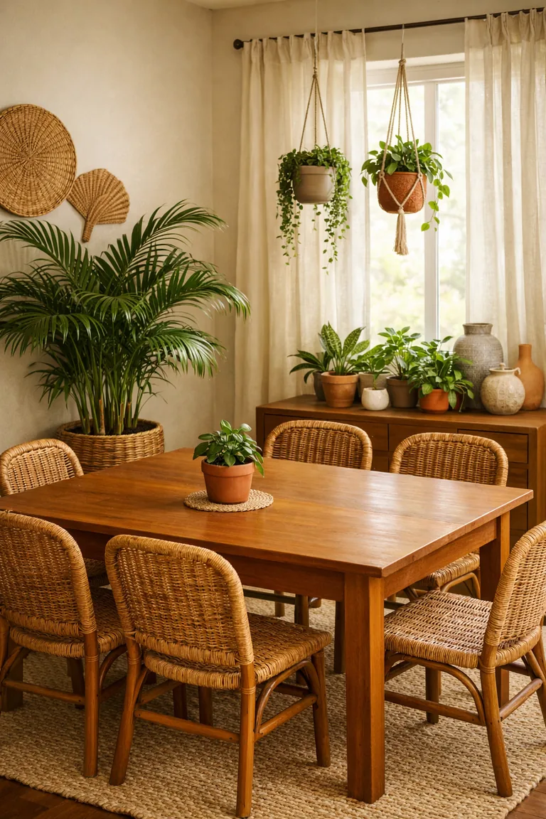 Boho dining room with a wooden table, woven rattan chairs, a jute rug, and multiple indoor plants including a potted palm, small tabletop plant, and hanging trailing greenery by a window with sheer curtains.