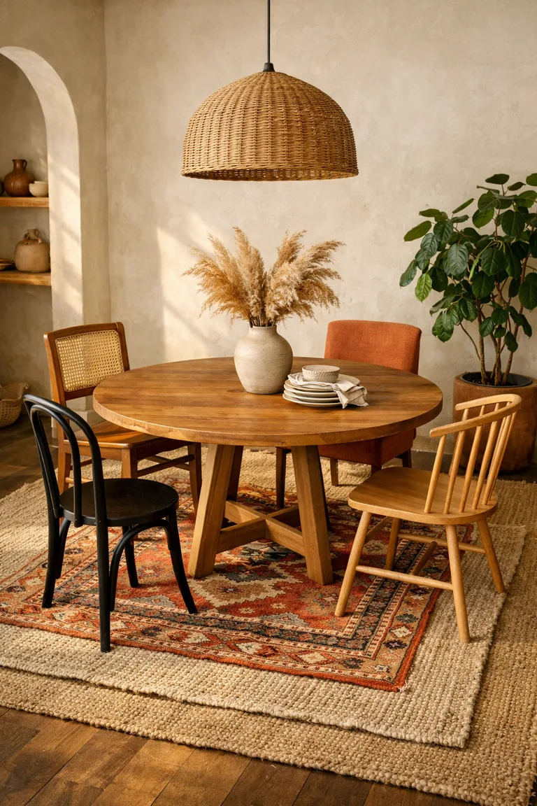 Round wooden dining table on layered jute and patterned rugs with four mismatched chairs, a rattan pendant light, and boho decor in warm sunlight.