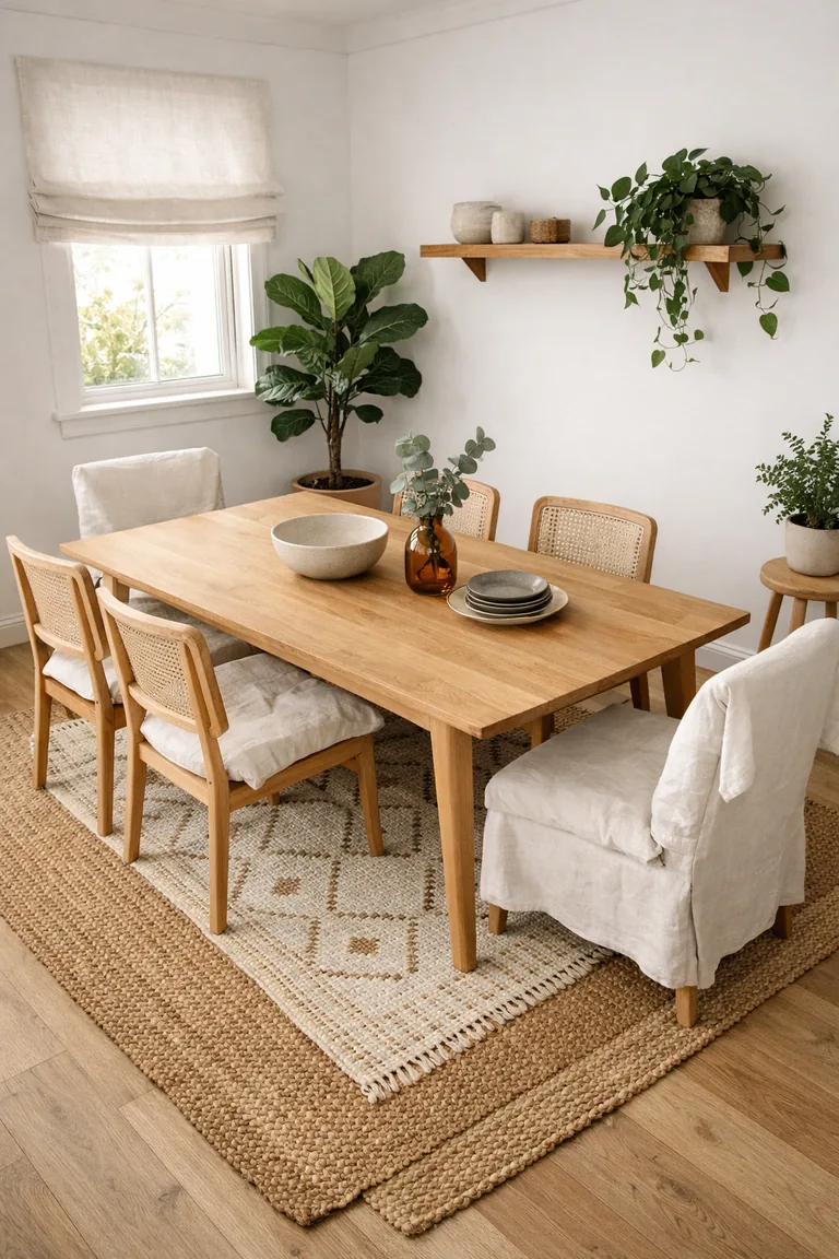 Light oak dining table on layered jute and woven rugs with mixed wood-and-cane chairs, neutral cushions, simple ceramics, and potted green plants in a bright white room.