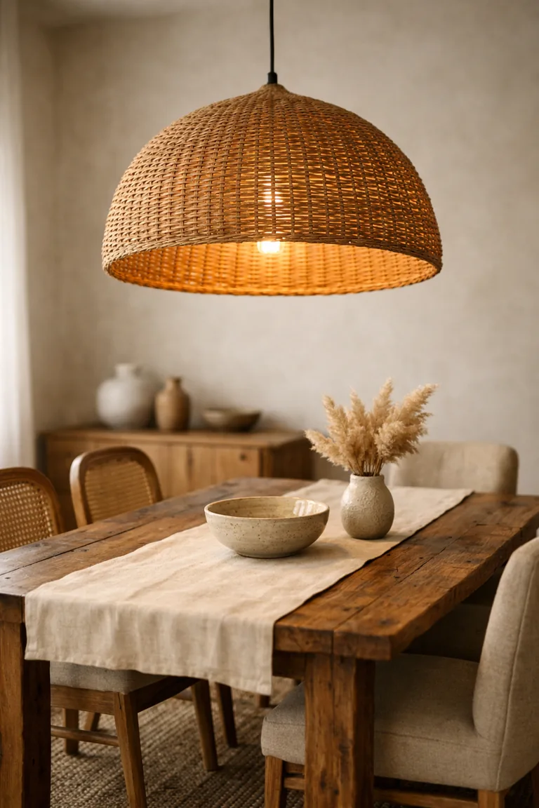 A woven rattan pendant light hangs over a rustic wood dining table with mixed chairs, a jute rug, and neutral boho decor.