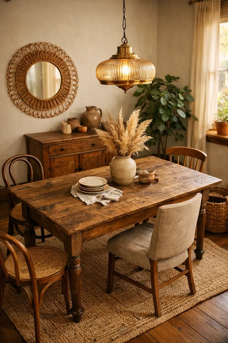 A weathered wood dining table with mismatched vintage chairs sits on a jute rug under a brass-and-glass pendant light, with woven decor, a small antique sideboard, and a potted plant in warm natural light.