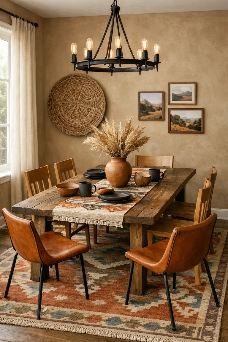 Reclaimed wood dining table on a Southwestern-patterned rug with tan leather and oak chairs, a woven runner, clay vase with dried grasses, and a black iron chandelier in warm natural light.