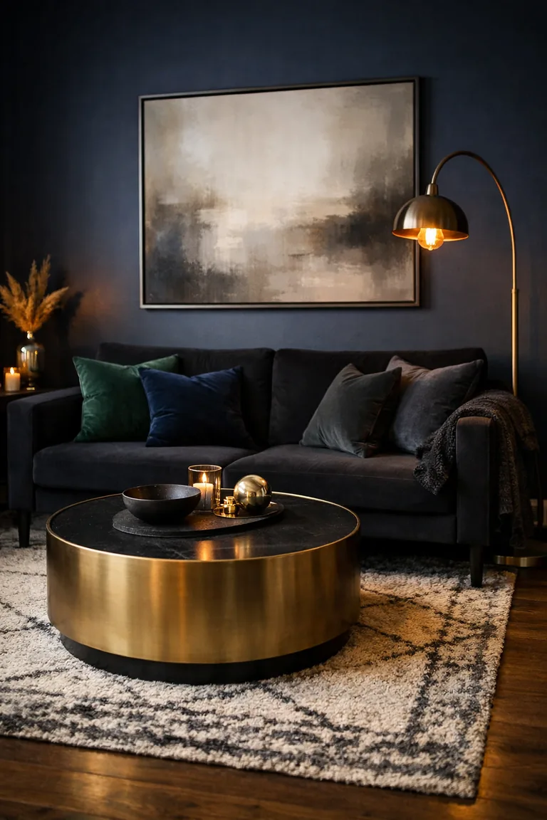 Black sofa against deep navy walls with velvet pillows, a brass coffee table on a light patterned rug, and a warm-lit floor lamp.