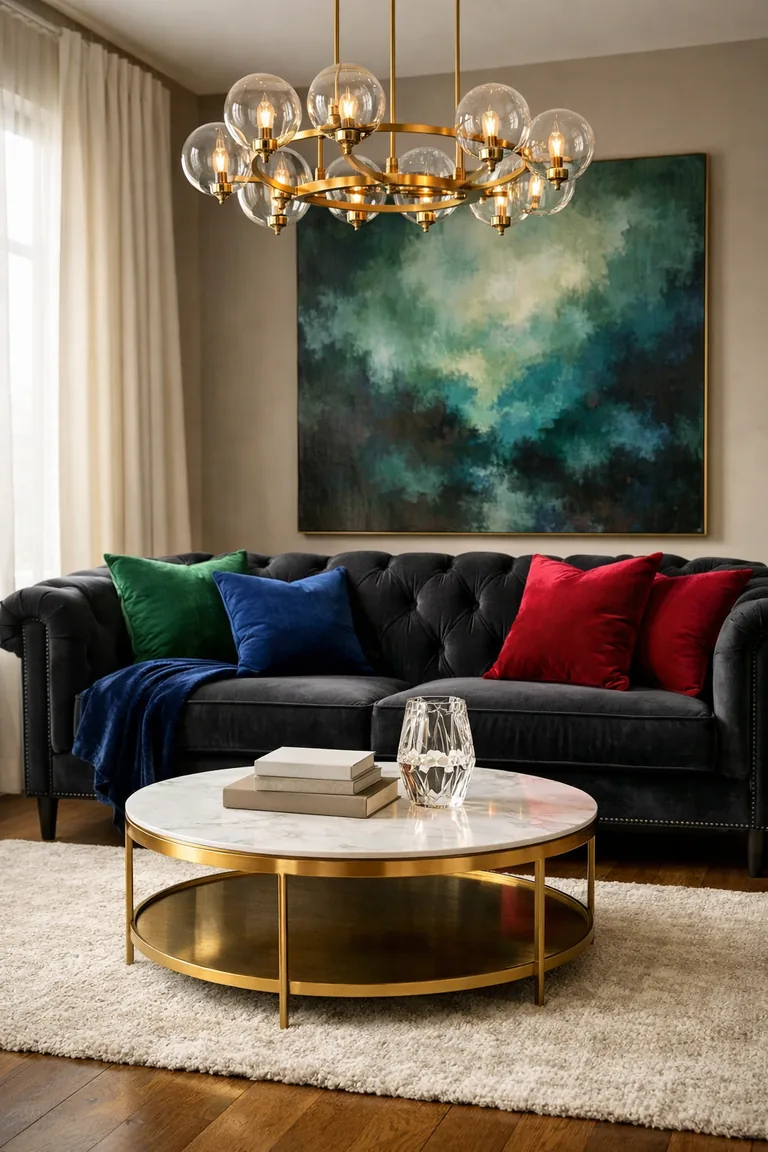 A black velvet tufted sofa with jewel-tone pillows sits in a bright living room with a gold-and-marble coffee table, ivory rug, off-white curtains, and a gold chandelier with glass globes.
