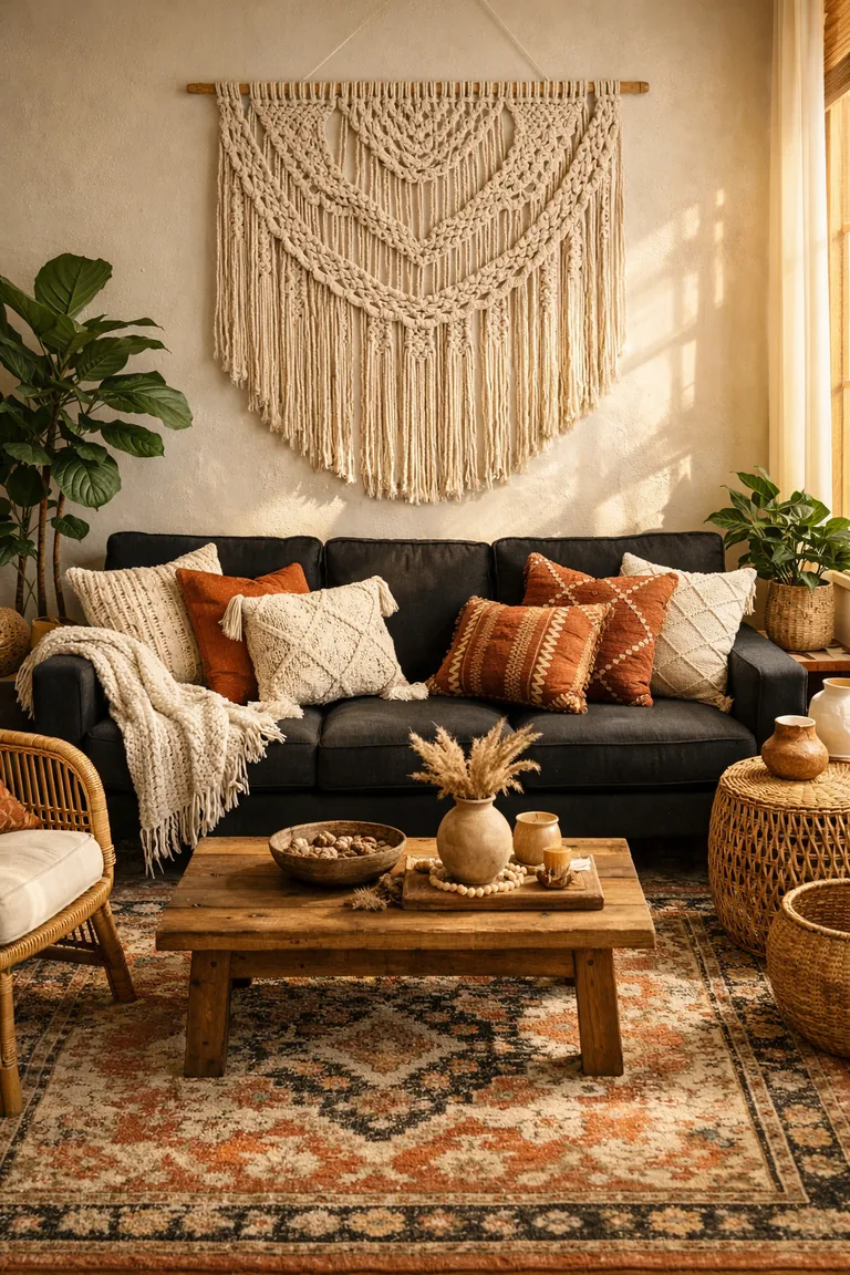 A black sofa with patterned pillows and a neutral throw sits in a boho living room with a macramé wall hanging, rattan chair, woven side table, wood coffee table, patterned rug, and potted plants in warm natural light.