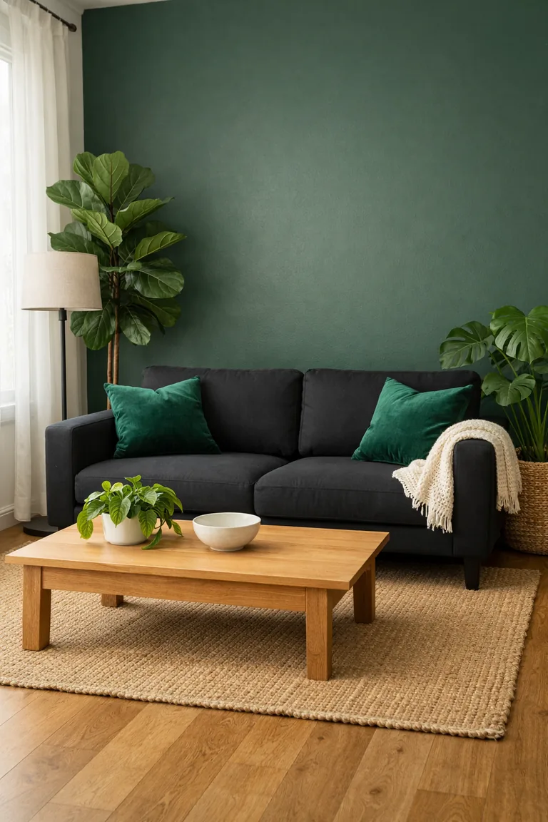 A matte black sofa against a deep green accent wall with emerald pillows, a cream throw, an oak coffee table, several green plants, a jute rug, and bright daylight through sheer curtains.