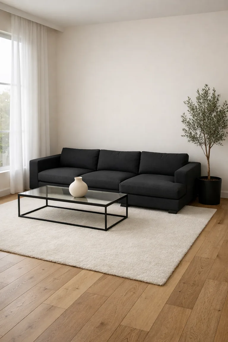 A minimalist living room with a low-profile black modular sectional with chaise, an ivory rug, a slim black coffee table with a single ceramic vase, light oak floors, and soft daylight through sheer white curtains.