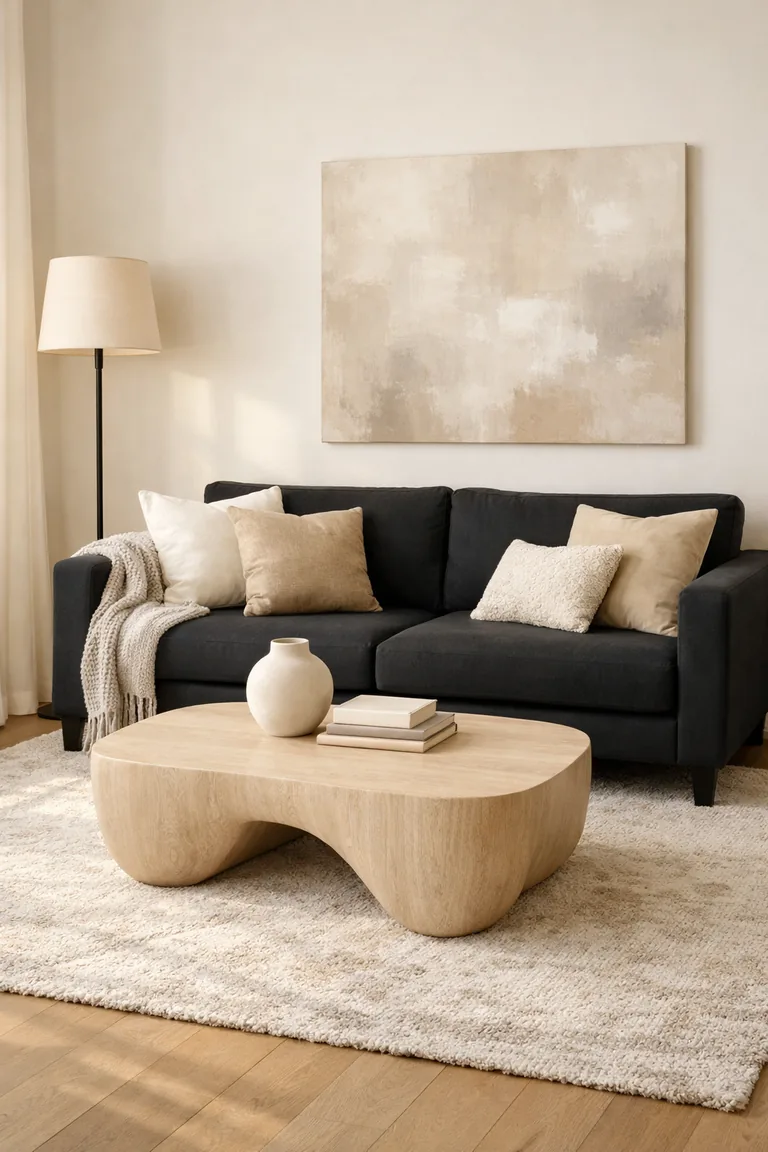 A modern living room with a sleek black sofa, neutral beige and cream pillows, an ivory textured rug, and a sculptural light-toned coffee table under soft natural light.