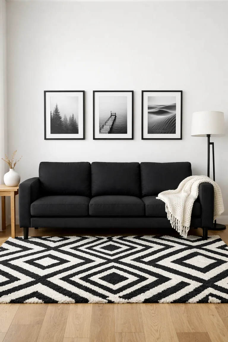 Black sofa against white walls with a black-and-white geometric rug, three black-framed photos above, an ivory knit throw, a small oak side table with a white vase, and a black floor lamp.