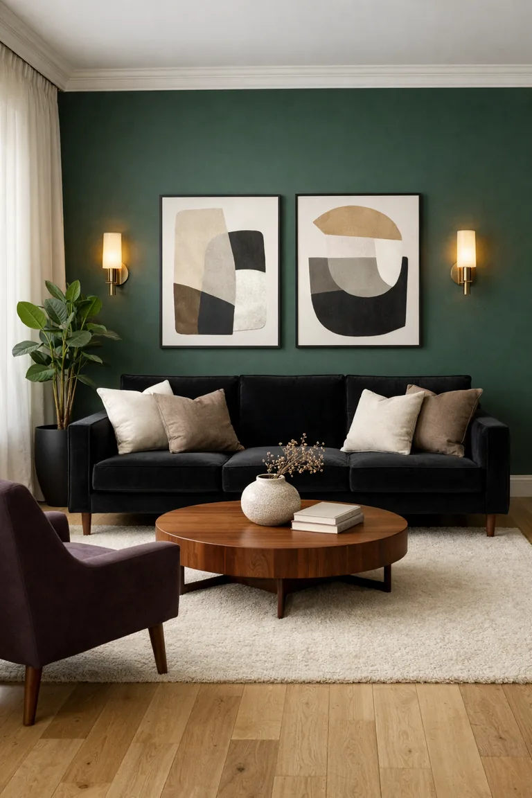 A black velvet sofa against a deep emerald green wall with brass sconces, a cream rug on light oak floors, a walnut coffee table, neutral pillows, a dark plum armchair, and daylight through sheer curtains.