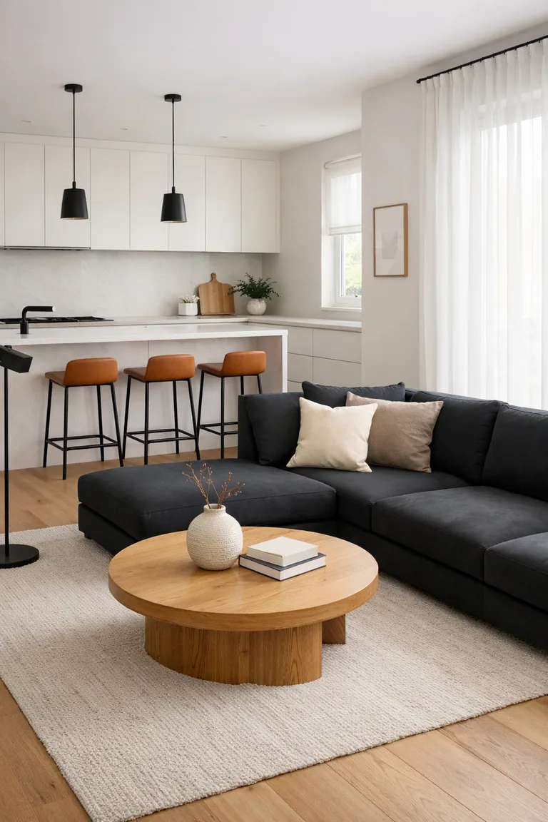 A matte black sectional on a large beige rug in an open-plan living area, with an oak coffee table in front and a kitchen behind featuring a quartz island, black pendants, and barstools with tan seats.