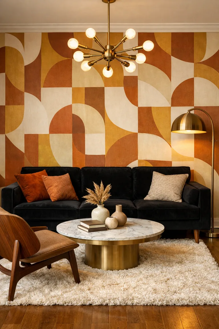 A black velvet sofa in front of warm geometric wallpaper with a curved walnut chair, a round marble-and-brass coffee table, a cream shag rug, and brass mid-century lighting.