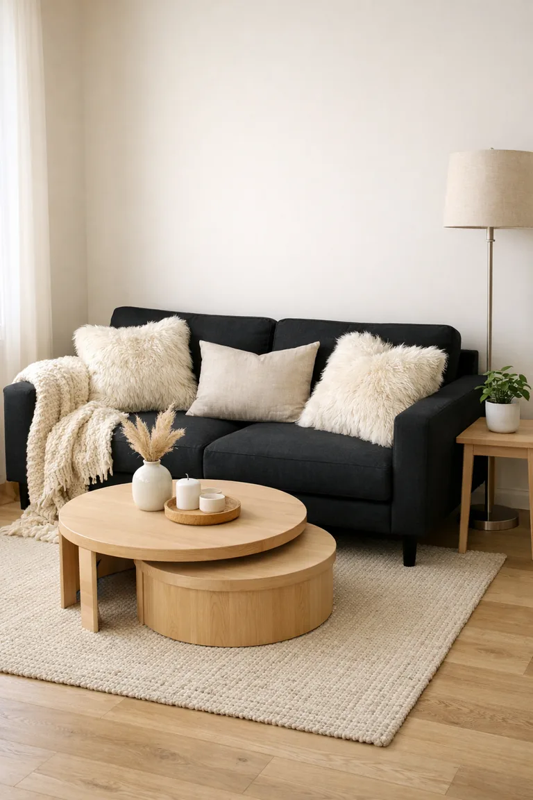 A small living room with a black sofa, cream knit throw, ivory faux fur pillows, light wood coffee table, woven rug, and a floor lamp under soft daylight.