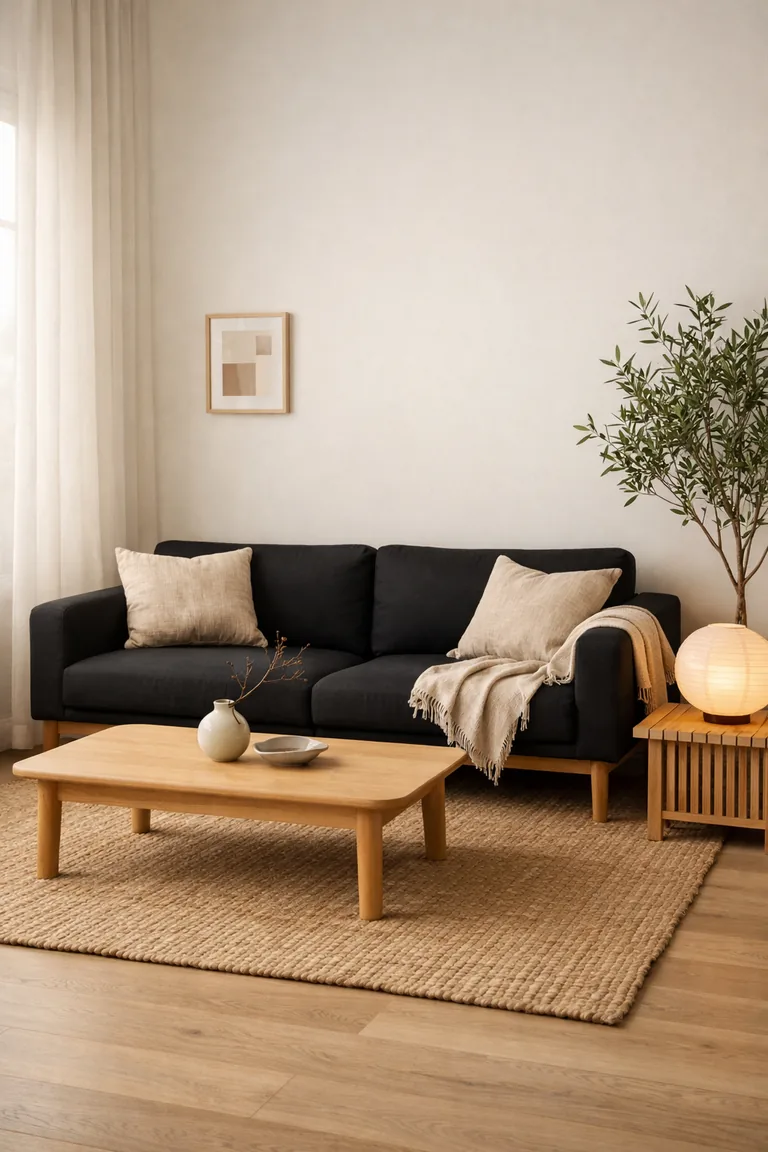 Matte black low-profile sofa with oatmeal linen pillows and a beige throw, light oak coffee table on a jute rug, paper lantern floor lamp, and a potted olive tree in a bright neutral living room.