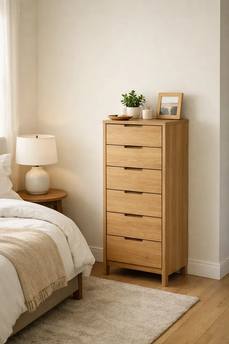 A small bedroom with a slim, tall light-oak dresser against a warm-white wall beside a compact bed, with a small lamp, neutral bedding, and soft natural light.
