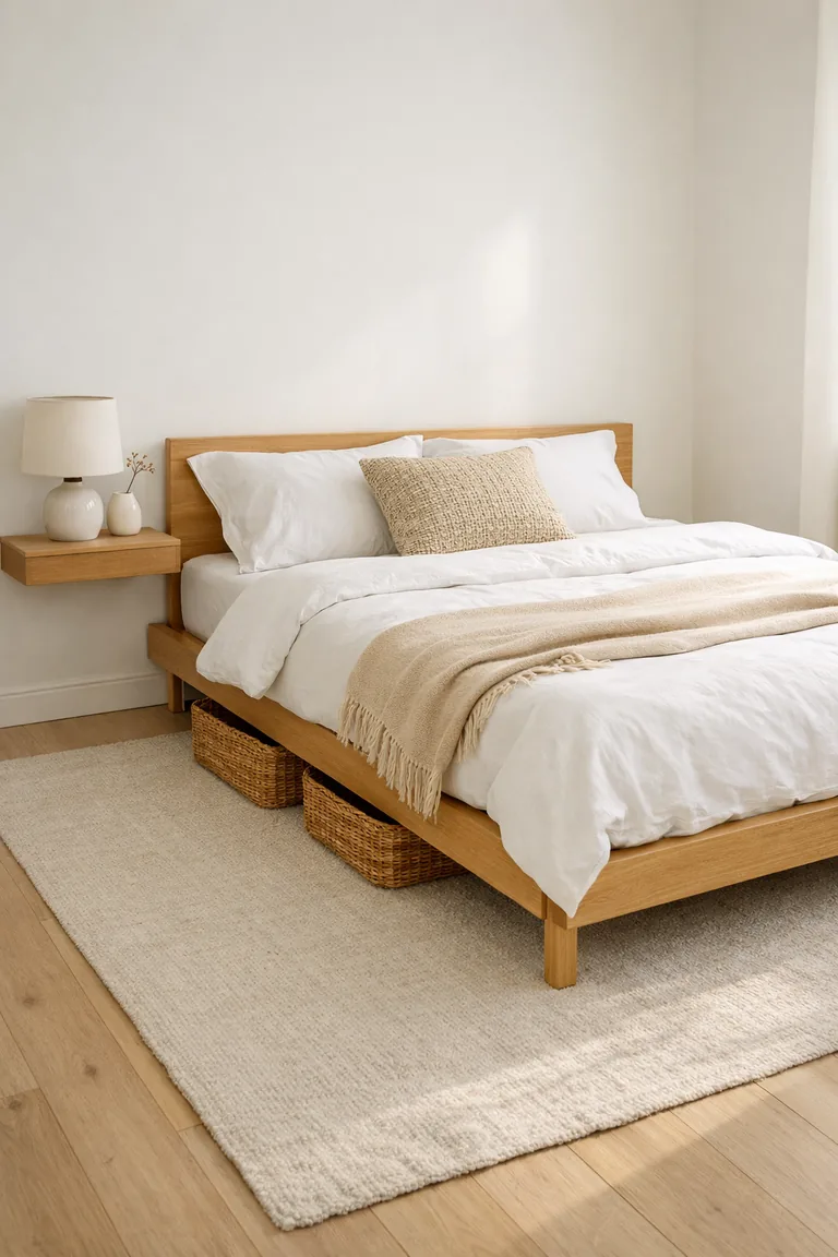 Small bedroom with a slim light oak platform bed, white bedding, woven baskets tucked underneath, and a floating nightstand with a lamp.