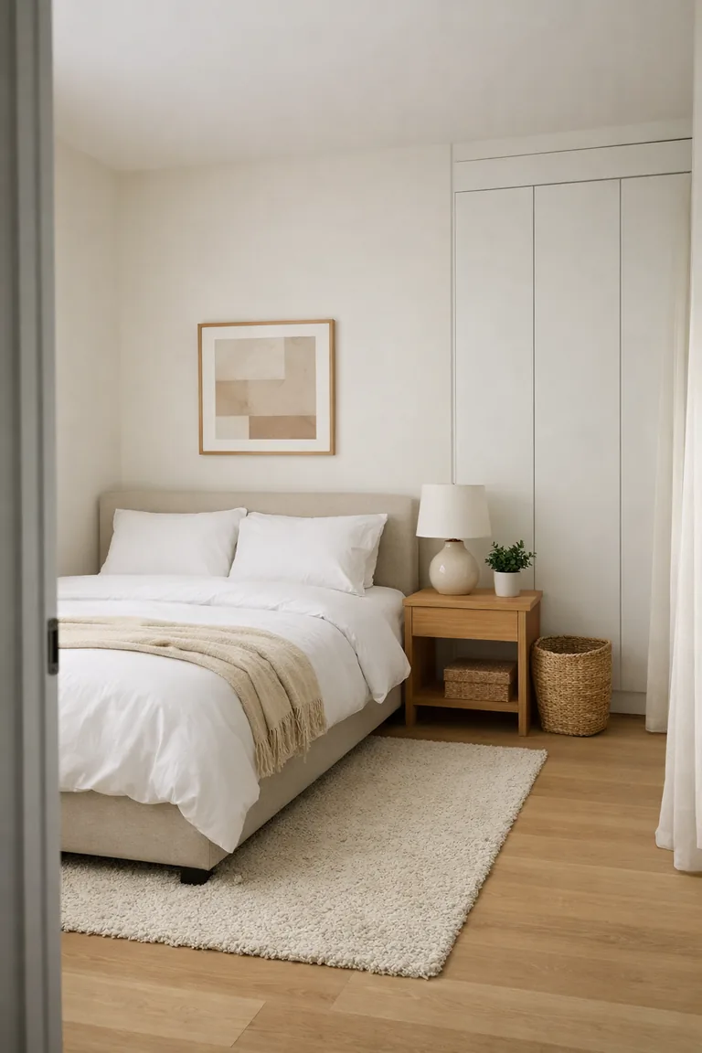 A tidy small bedroom with a white-made bed, light oak nightstand with a ceramic lamp, a woven basket, closed white closet doors, a cream rug, and soft daylight through a linen curtain.