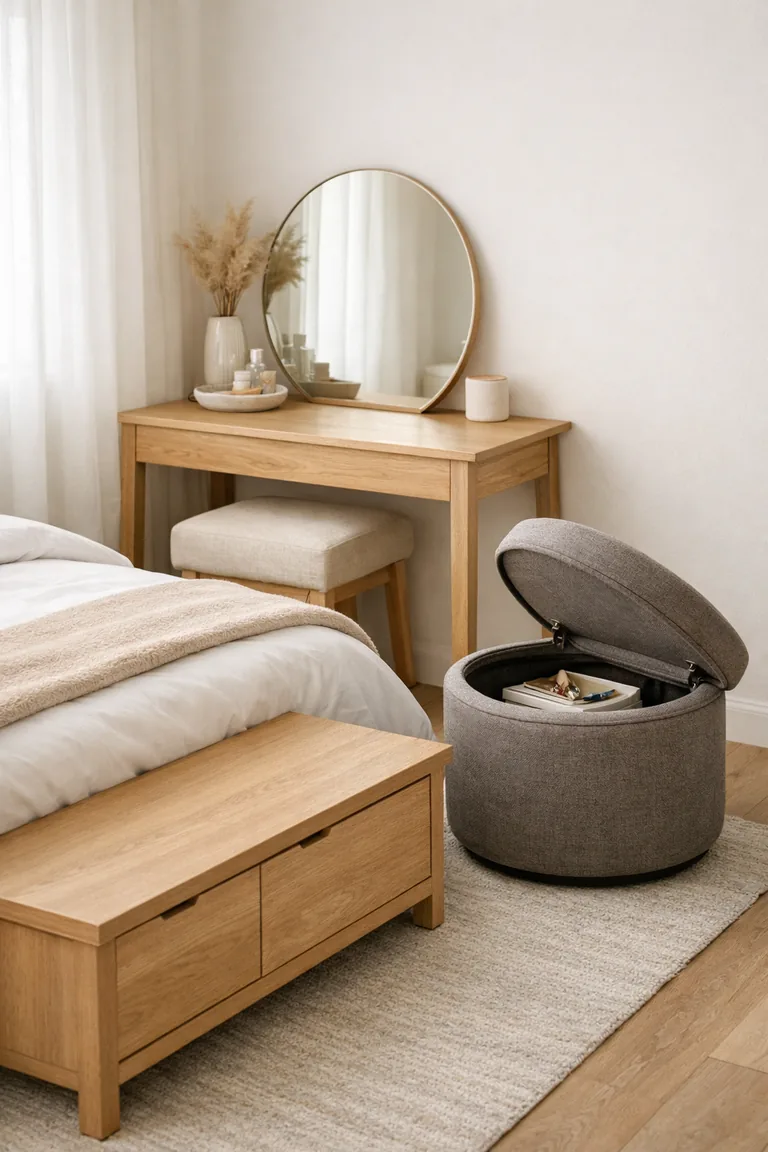 A small bedroom corner showing a light oak storage bench, a gray ottoman with its lid slightly open, and a slim desk styled as a vanity with a round mirror.