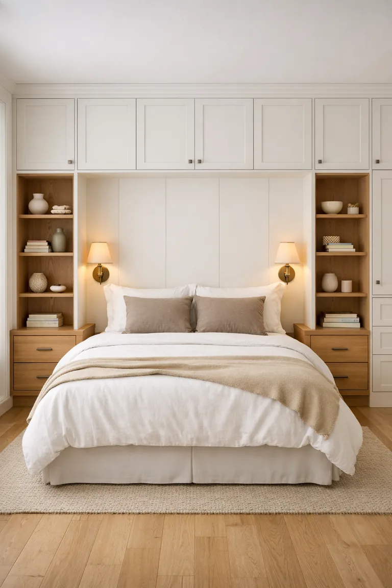 Small bedroom with a bed framed by floor-to-ceiling white built-in cabinets, oak shelves, drawer nightstands, and warm brass wall sconces.