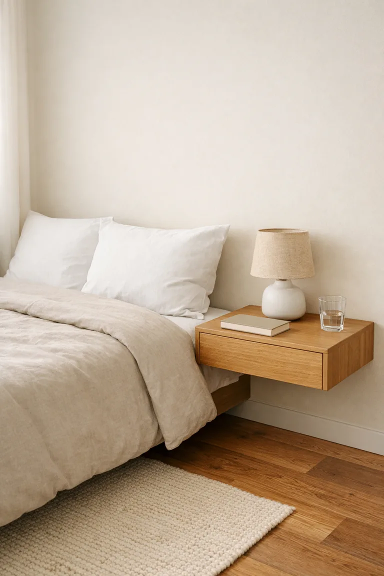 A small bedroom with a bed beside a light oak wall-mounted nightstand with a drawer, topped with a white lamp, a book, and a glass.