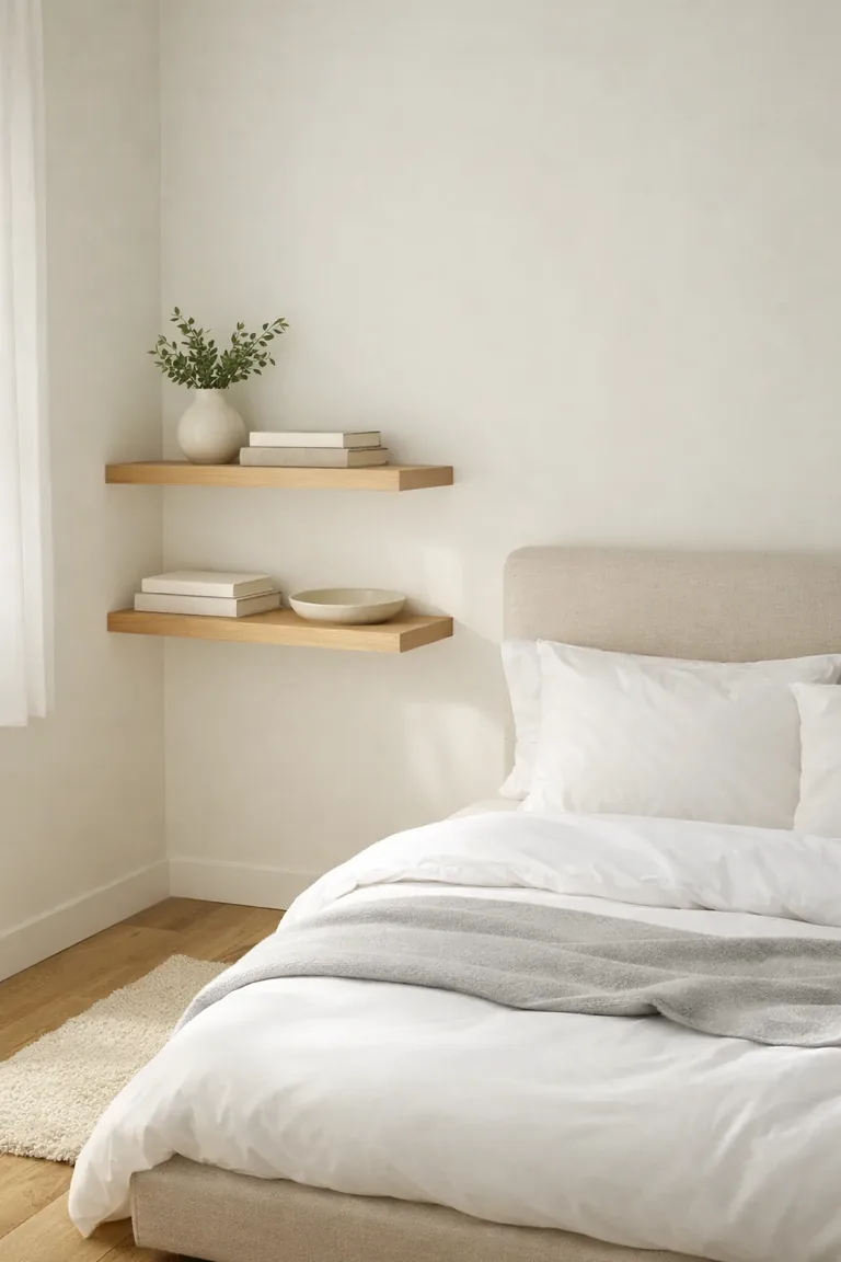 Two slim floating shelves beside a bed hold a small vase, a couple of books, and a tray, with light bedding and soft natural light in a small bedroom corner.