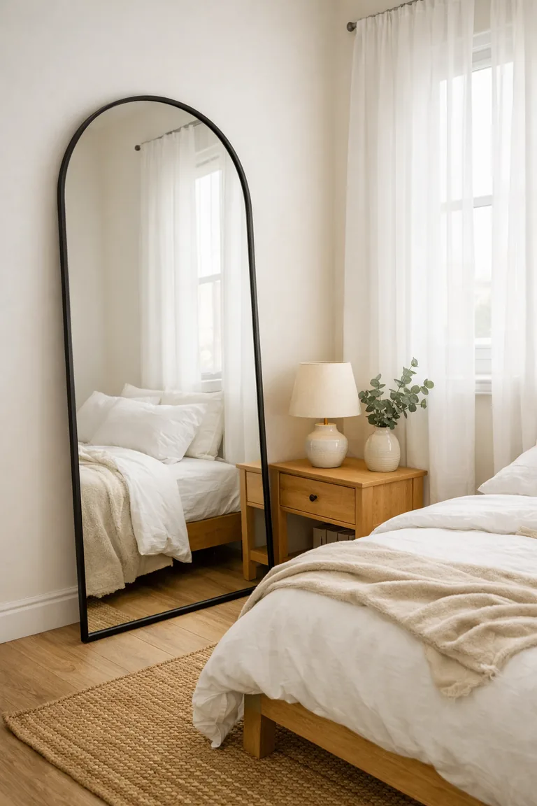 A small bedroom with a tall arched floor mirror leaning against a light wall beside a window with sheer curtains, near a bed with white bedding and a light wood nightstand.