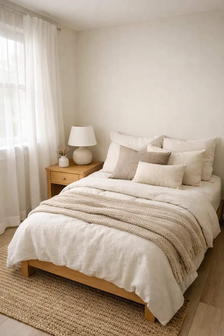 Small bedroom with an ivory linen bed, beige knit throw, light oak nightstand with a ceramic lamp, jute rug, pale wood floor, and sheer white curtains lit by soft daylight.