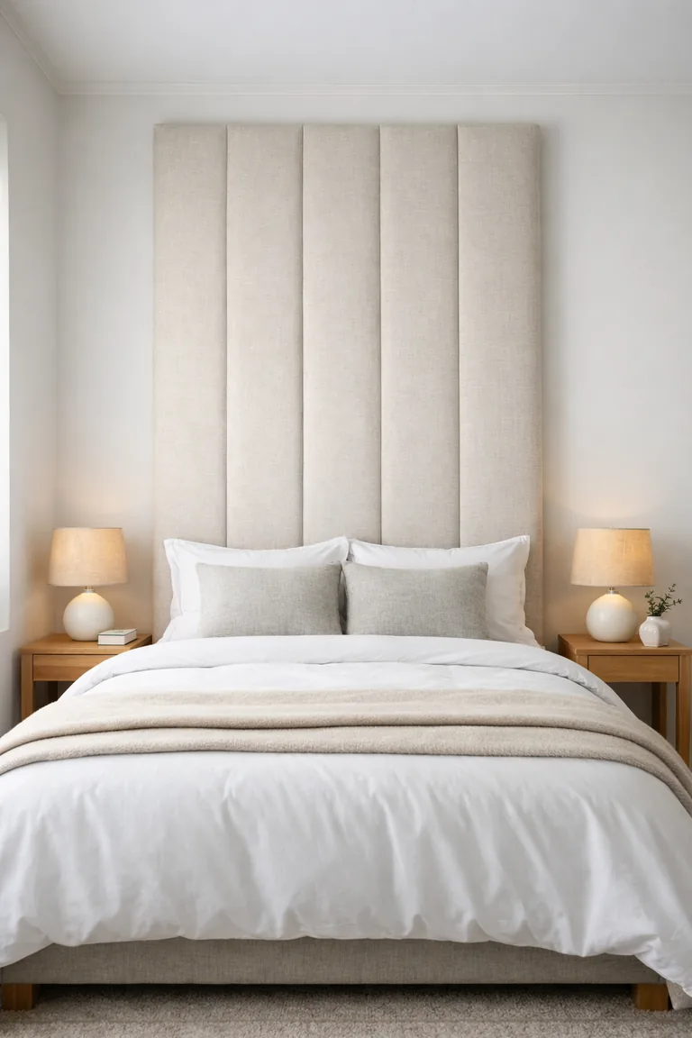 Small bedroom with a tall beige upholstered headboard, white bedding, light wood nightstands, and two ceramic lamps in soft daylight.