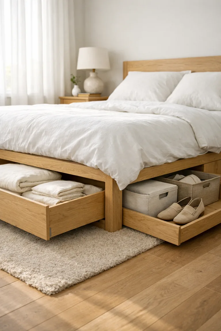 A light oak platform bed with under-bed drawers partially open, showing folded bedding, neutral storage boxes, and shoes in a bright neutral bedroom.