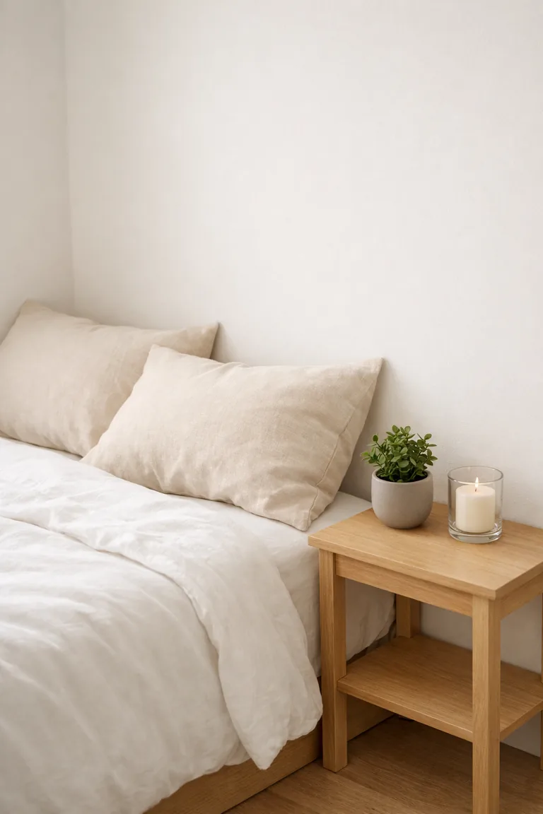 A small bedroom corner with a white bed, a light-oak nightstand, a small potted plant, and a simple glass candle in soft natural light.
