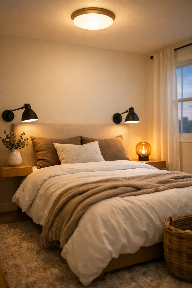 Small bedroom with a bed in white bedding, a light oak floating nightstand, warm ceiling light, wall-mounted reading sconces, and an amber-glass table lamp near a window with sheer curtains.
