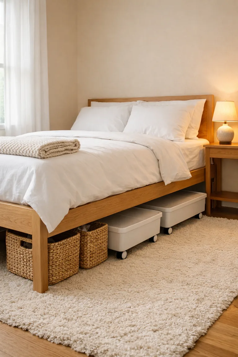 A raised light-oak bed with white bedding and woven baskets plus white rolling bins stored neatly underneath, beside a small nightstand and lamp.
