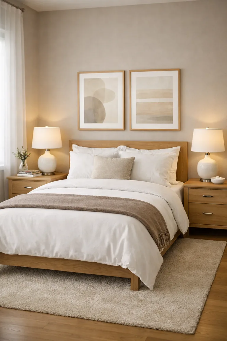 Small bedroom with a centered bed, two matching light-oak nightstands, and identical white table lamps under soft daylight.