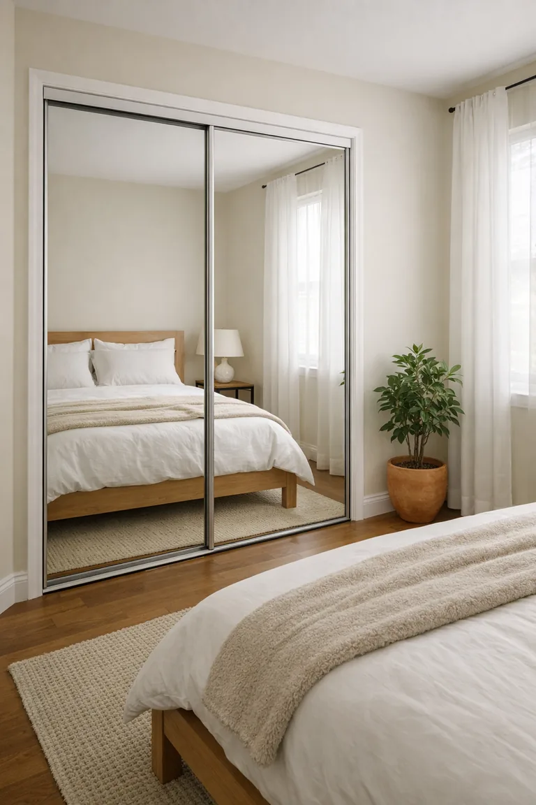 Small bedroom with a mirrored sliding closet door reflecting a neatly made bed, a slim bedside table with a lamp, and a window with sheer curtains.