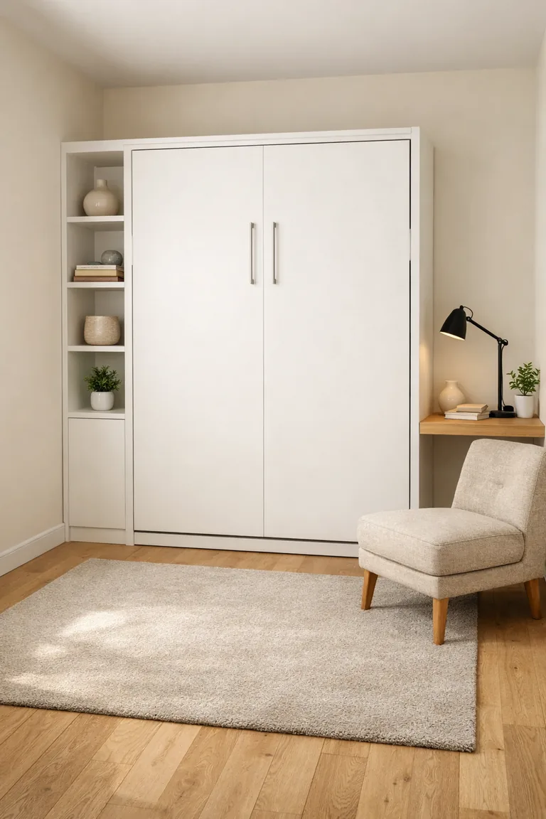 A small bedroom-office with a white Murphy bed cabinet folded up, a built-in desk, and open shelving, with light oak floors and neutral decor.