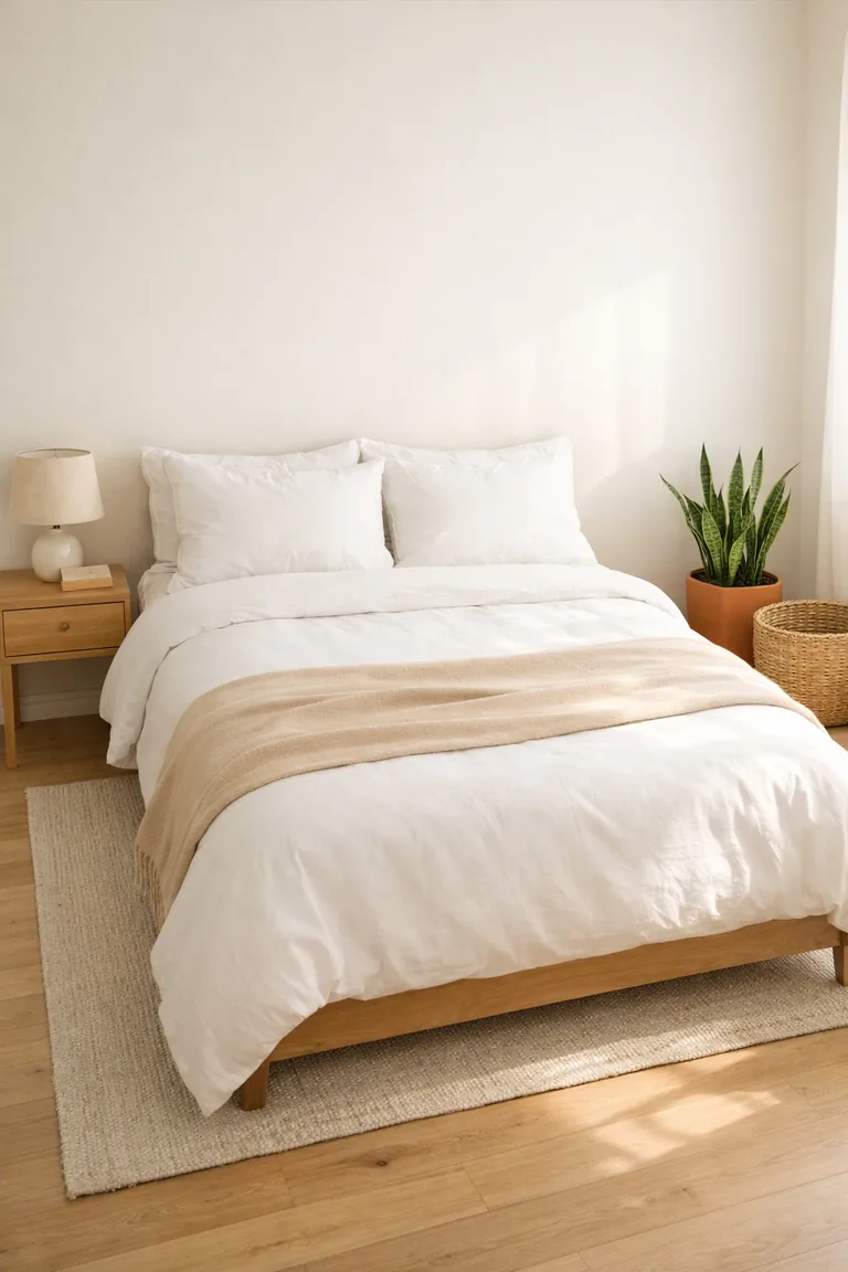 Small bedroom with a queen bed, one light-oak nightstand with a lamp and book on the left, and open space on the right with a woven basket and a potted snake plant.
