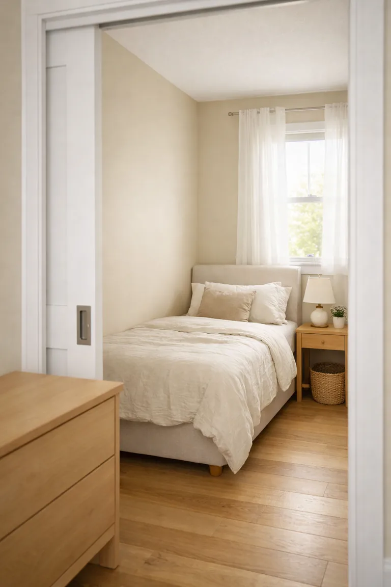 A small bedroom viewed from the doorway with a white pocket door, a light wood bed and nightstand, a low dresser near the entry, and soft daylight through sheer curtains.