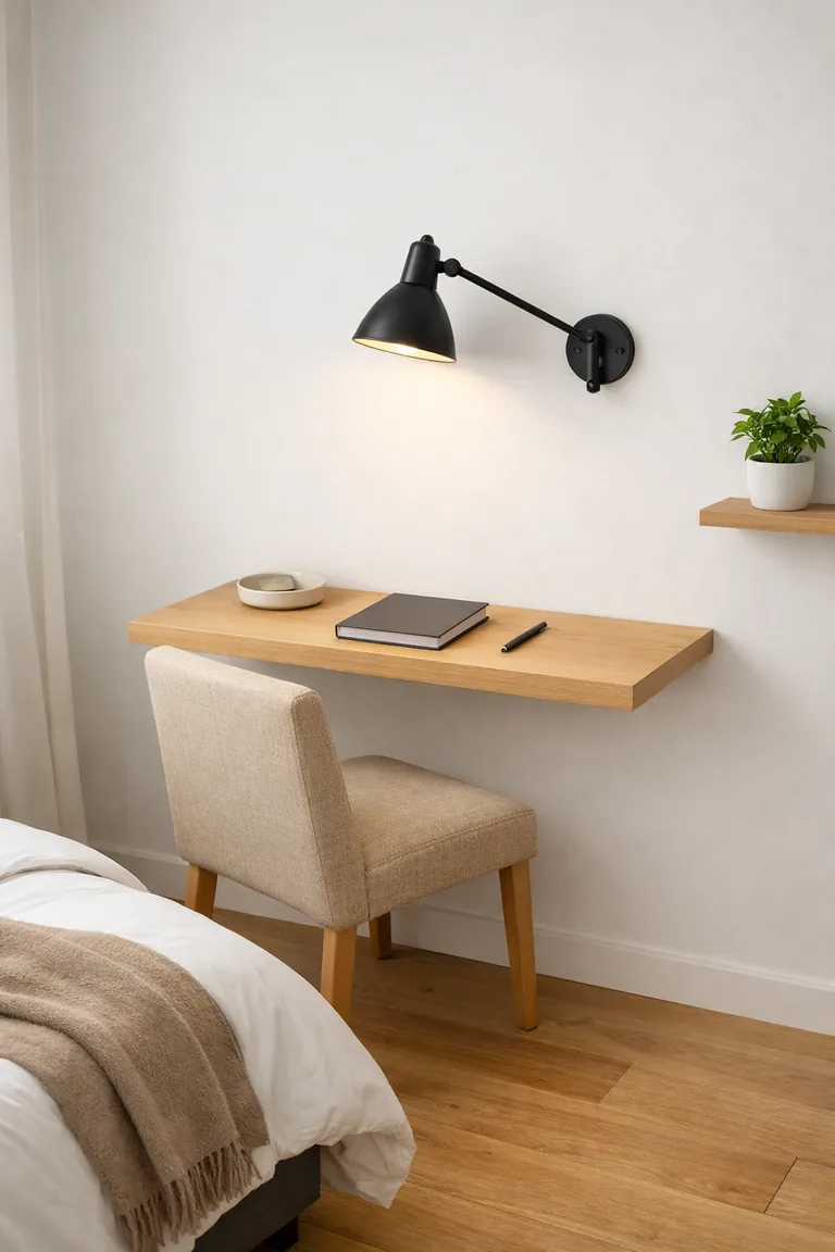 A slim wall-mounted oak desk on a white wall with a beige chair, black wall sconce, simple desktop items, and the edge of a bed beside it.