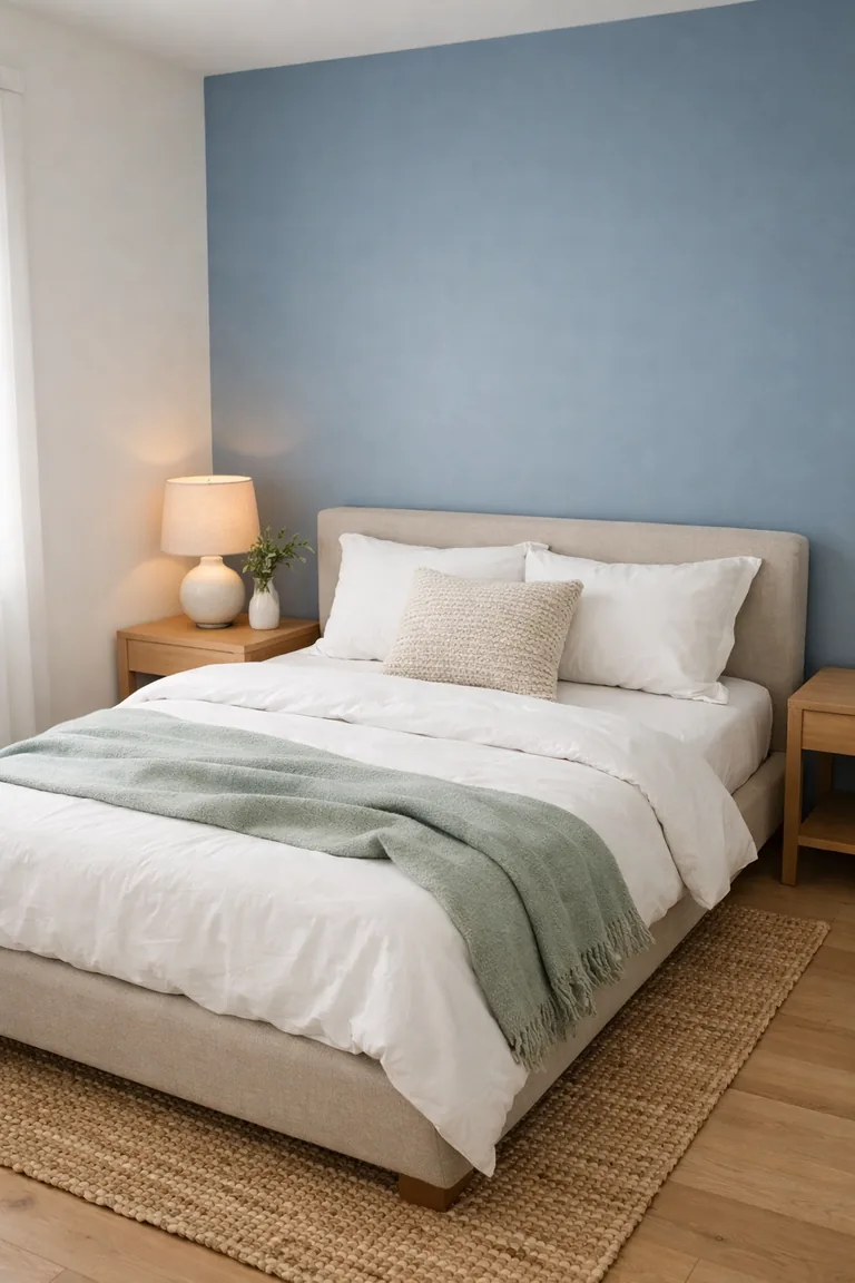 A small bedroom with a dusty blue accent wall behind an oatmeal upholstered bed, light wood nightstands, white bedding, and soft natural light.