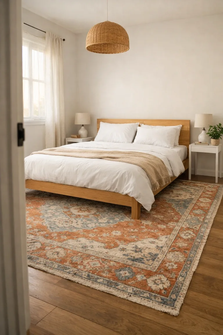 Small bedroom with a light oak platform bed on a large patterned rug in terracotta, dusty blue, and cream, with sheer curtains and soft morning light.