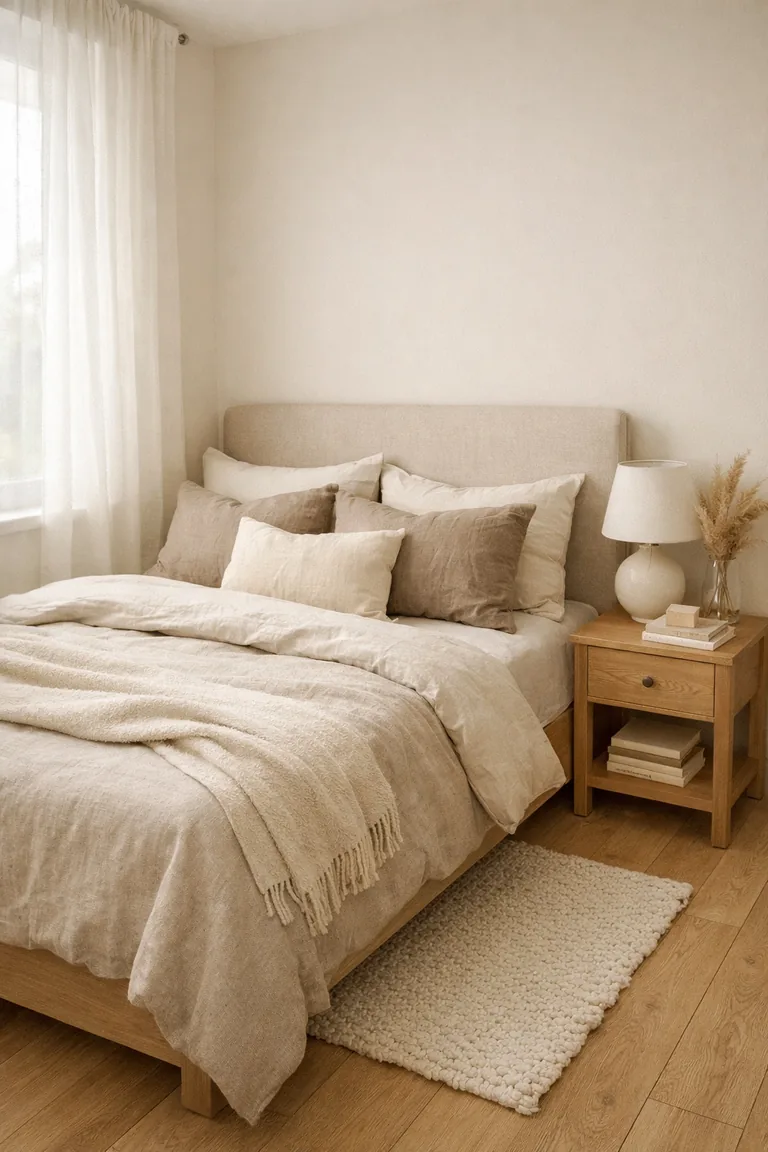 A small bedroom with an ivory wall, a light beige upholstered bed dressed in cream and taupe bedding, a light oak nightstand with an off-white ceramic lamp, sheer curtains, and a cream textured rug on light oak flooring.