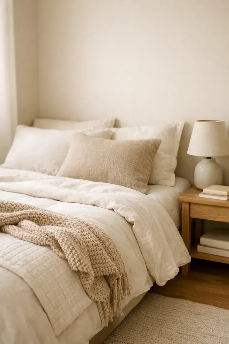 Small bedroom bed made with warm white linen duvet, an ivory quilted coverlet, and a beige chunky knit throw, beside a light oak nightstand with a ceramic lamp and books.