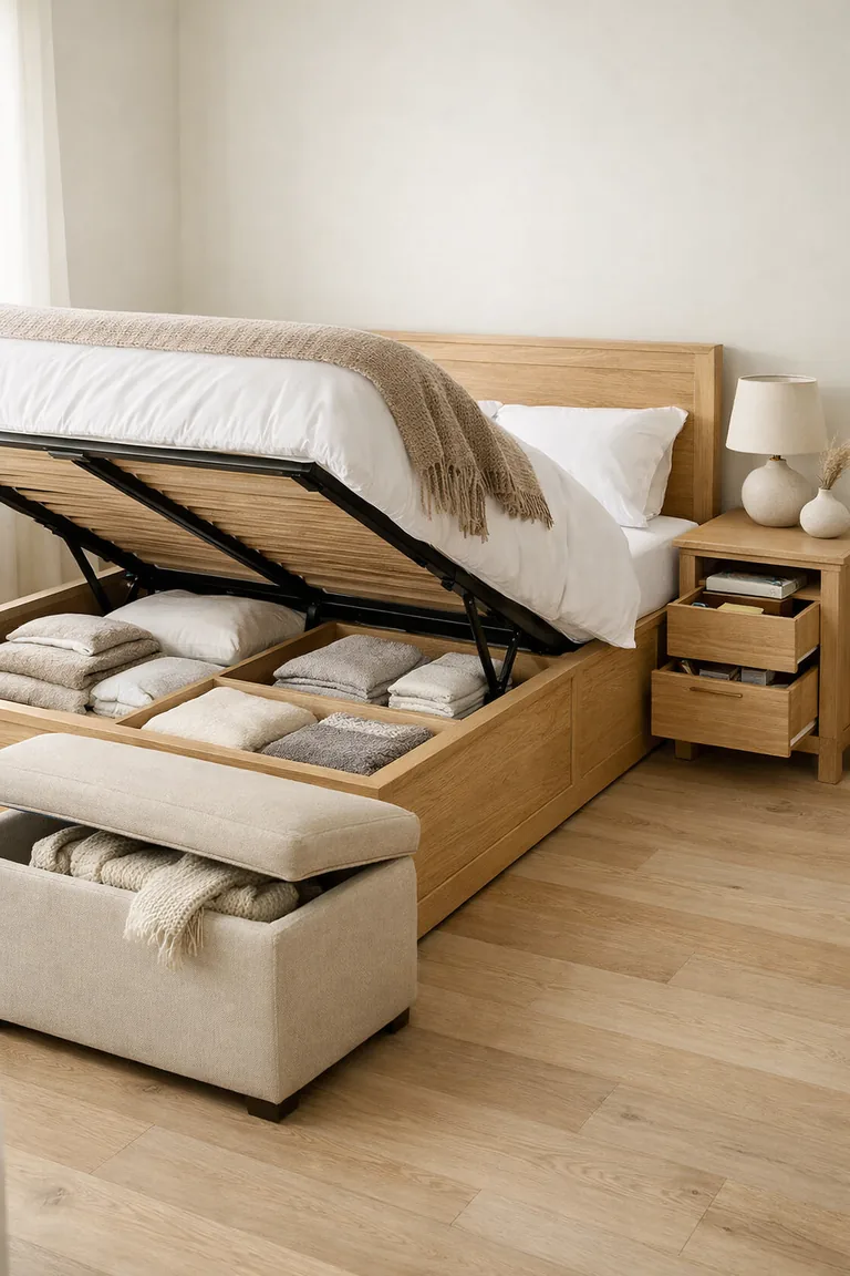 Small bedroom with a lift-up storage bed showing organized compartments, a beige storage ottoman slightly open at the foot of the bed, and a light oak nightstand with stacked drawers partly open.