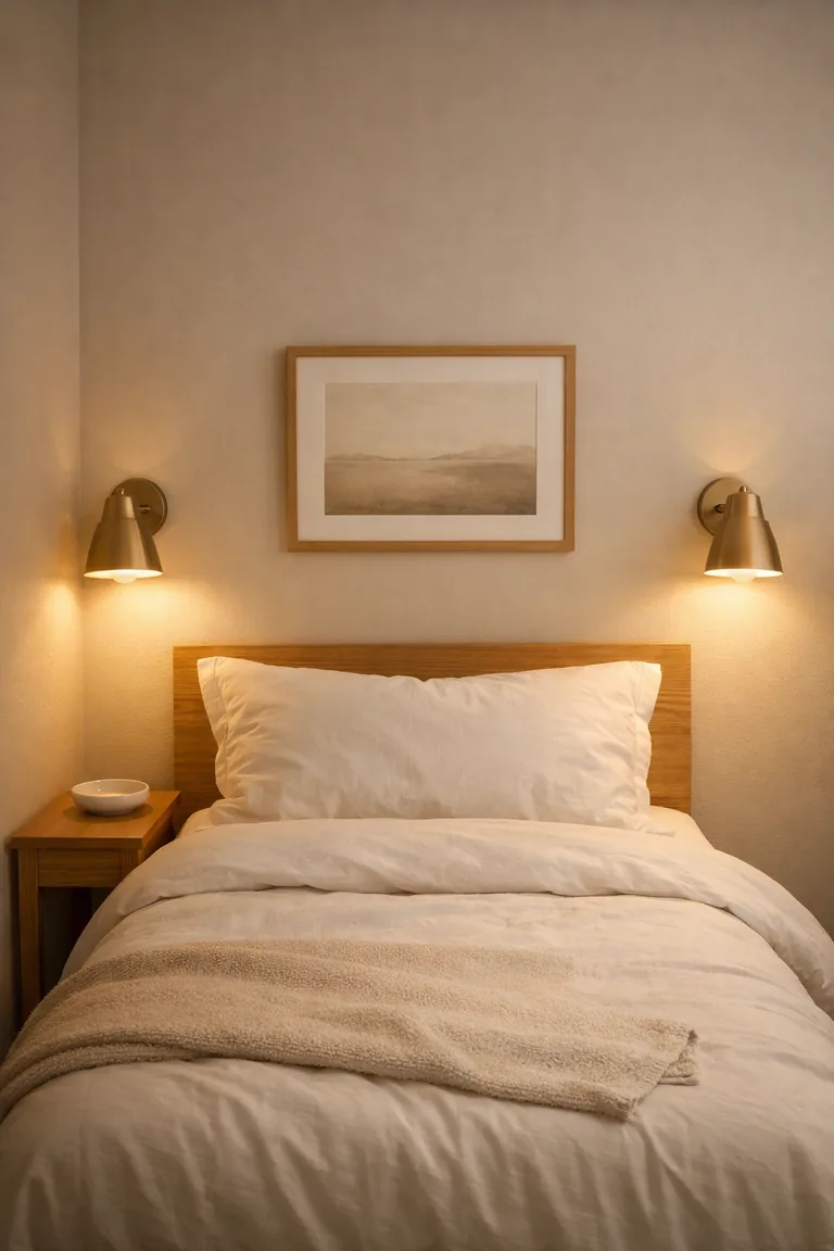 A small bedroom with a bed, a narrow oak nightstand, and two lit matte brass wall sconces mounted above the bed on a pale greige wall.