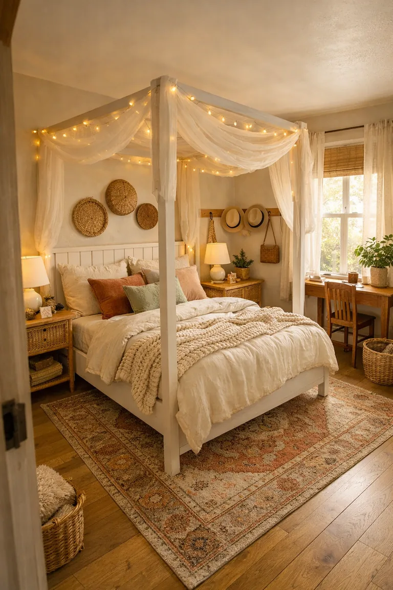 A boho farmhouse tween bedroom with a white wood canopy bed, gauzy drapes, warm string lights, patterned rug, rattan nightstand, woven wall decor, and a small desk by a sunlit window.