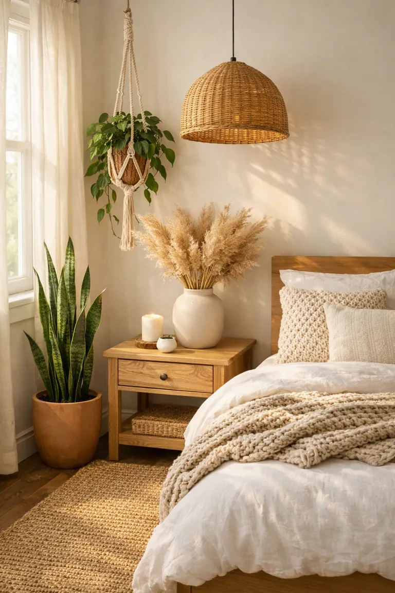 A neutral bedroom corner with a white linen bed, light oak nightstand, hanging pothos, snake plant in a terracotta pot, and pampas grass in an off-white ceramic vase.