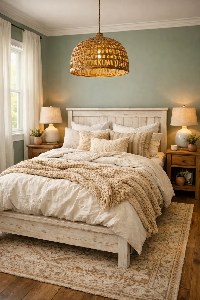 Sage green bedroom with a whitewashed bed, cream bedding, a beige knit throw, rattan pendant light, oak nightstands, and a tan patterned rug on wood floors.