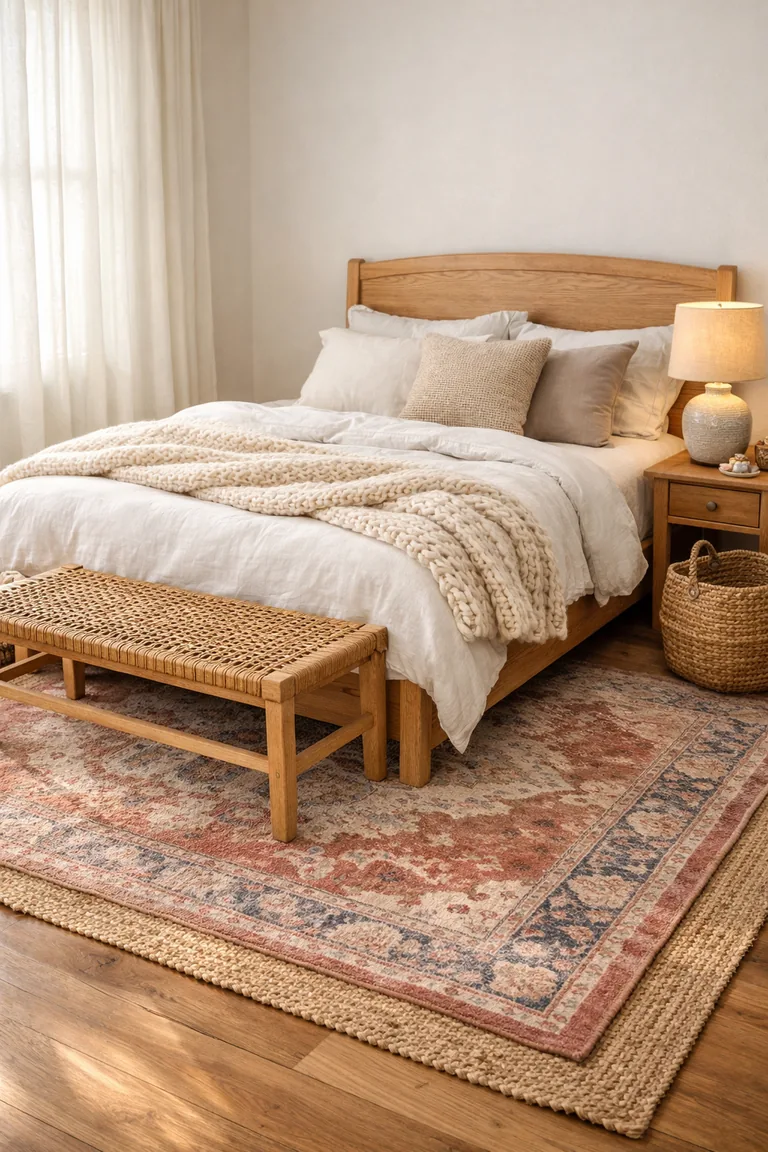 A boho farmhouse bedroom with a light oak bed, white bedding, and layered rugs featuring a faded Persian-style rug over a jute rug, lit by soft window light through sheer curtains.